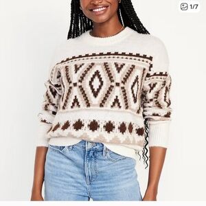 Old Navy Cream and Brown Patterned Sweater